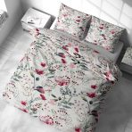 Bettwäsche set "Sparkling Flowers". Bettwäsche 140x200, 135/140x200 cm, 200x200 cm, 200x220 cm. Design‑aquarellmuster mit rosafarbenen blumen und grünen blattzeichnungen auf weiß.