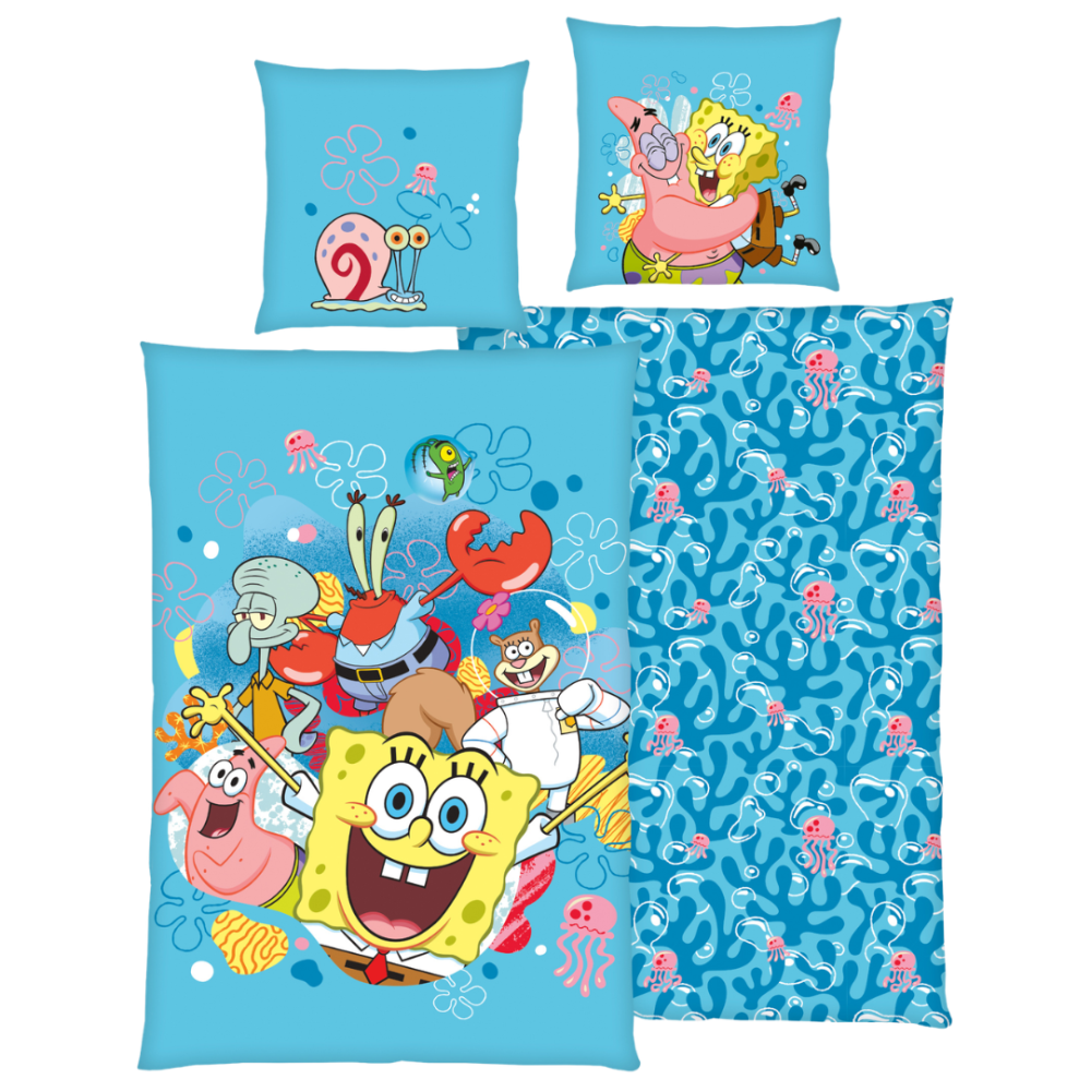 Bettwäsche set "SpongeBob SquarePants". Kinderbettwäsche, 135x200 cm. Hellblaues bettwäsche-set mit spongebob, patrick und weiteren bunten figuren. Bettwäsche set "SpongeBob SquarePants". Kinderbettwäsche, 135x200 cm. Hellblaues bettwäsche-set mit spongebob, patrick und weiteren bunten figuren.