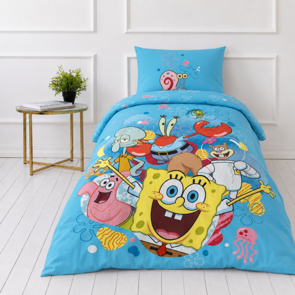 Bettwäsche set "SpongeBob SquarePants". Kinderbettwäsche, 135x200 cm. Kräftig blaues bettwäsche-set mit bunten motiven der charaktere aus bikini bottom. Bettwäsche set "SpongeBob SquarePants". Kinderbettwäsche, 135x200 cm. Kräftig blaues bettwäsche-set mit bunten motiven der charaktere aus bikini bottom.