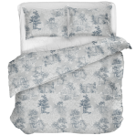 Bettwäsche set "Toile De Jouy Classic". Bettwäsche 140x200, 135/140x200 cm, 200x200 cm, 200x220 cm. Bettwäscheset mit klassischem blauen landschaftsmuster auf grauem hintergrund.