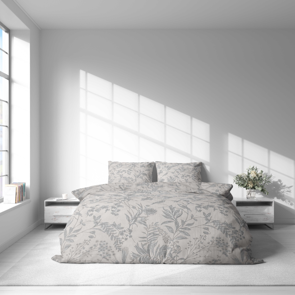 Bettwäsche set „Trel“. Bettwäsche 140x200, 135/140x200 cm, 200x200 cm, 200x220 cm. Weiche graue bettwäsche mit verschlungenen grauen waldblumen, die einen hauch von natur in ihren raum bringen.