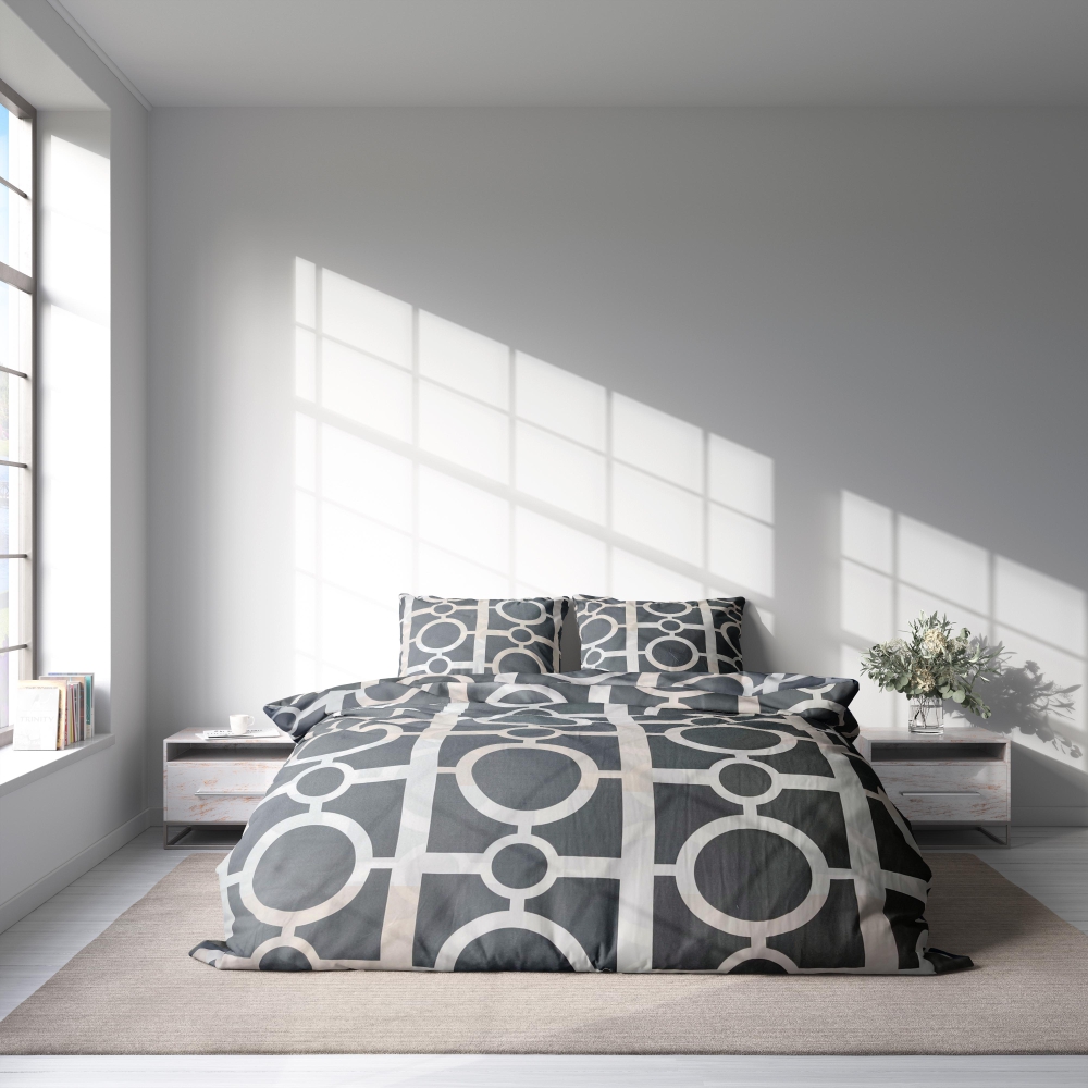 Bettwäsche set "Unified". Bettwäsche 140x200, 135/140x200 cm, 150x200 cm, 155/160x200 cm, 180x200 cm, 200x200 cm, 200x220 cm. Elegantes bettwäscheset in dunklerem grau mit weißen und bräunlichen quadraten und kreisen ineinander übergehend.