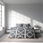Bettwäsche set "Unified". Bettwäsche 140x200, 135/140x200 cm, 150x200 cm, 155/160x200 cm, 180x200 cm, 200x200 cm, 200x220 cm. Elegantes bettwäscheset in dunklerem grau mit weißen und bräunlichen quadraten und kreisen ineinander übergehend.