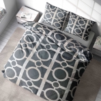 Bettwäsche set "Unified". Bettwäsche 140x200, 135/140x200 cm, 150x200 cm, 155/160x200 cm, 180x200 cm, 200x200 cm, 200x220 cm. Moderne, dunkelgraue bettwäsche mit sich überlappenden weißen und bräunlichen quadraten und kreisen.