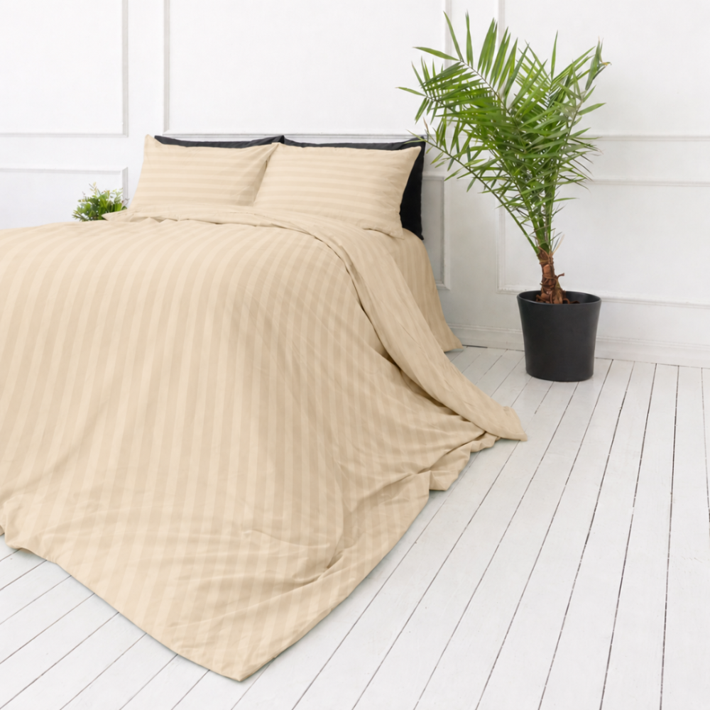 Premium satin bettwäsche set "Champagne Stripe Sateen". Bettwäsche 150x200, 135/140x200 cm, 150x200 cm, 155/160x200 cm, 180x200 cm, 200x200 cm, 200x220 cm, 220x240 cm. Sandfarbene bettwäsche mit sanftem satinartigem streifeneffekt