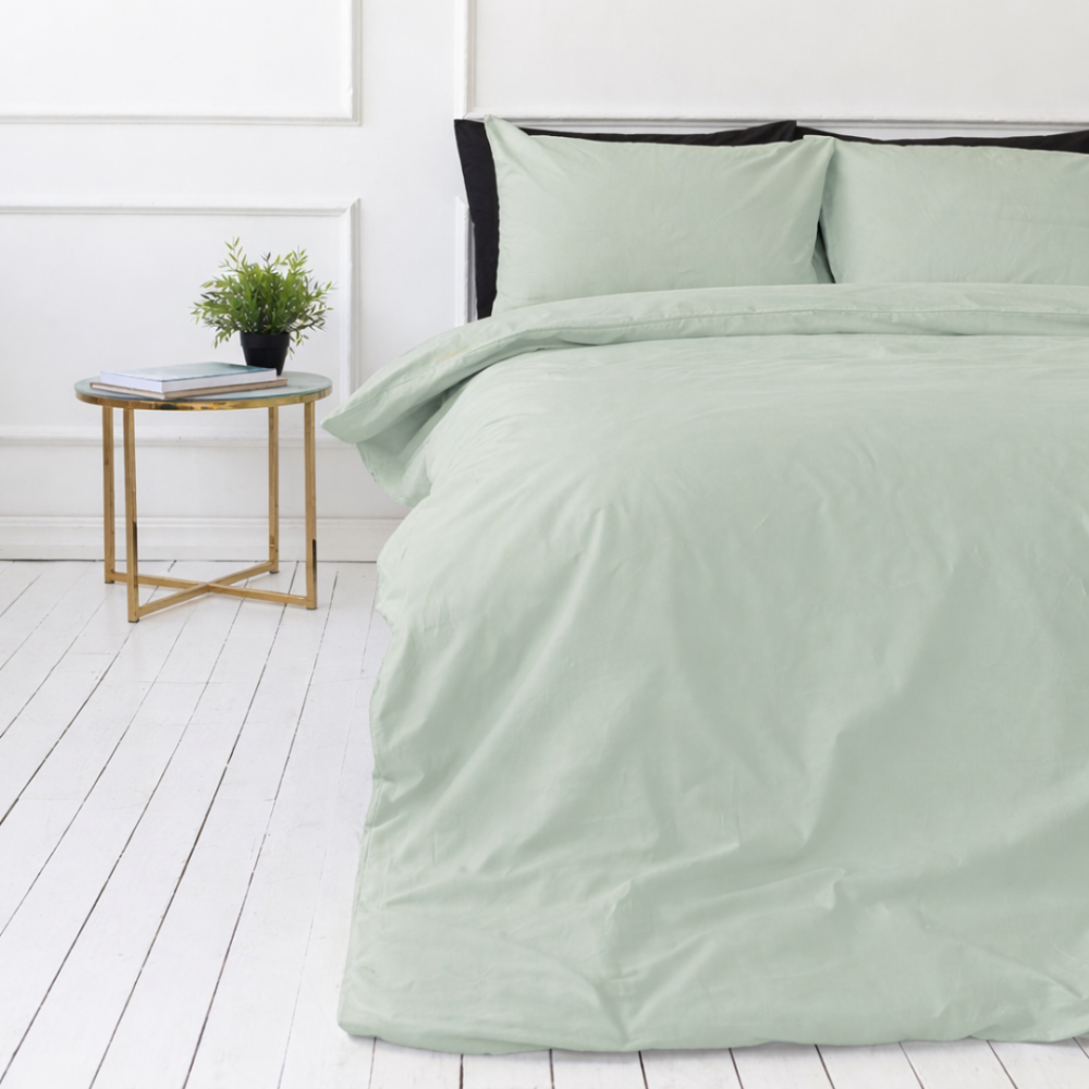 Premium satin bettwäsche set "Eucalyptus". Bettwäsche 150x200, 100x140 cm, 135/140x200 cm, 150x200 cm, 155/160x200 cm, 180x200 cm, 200x200 cm, 200x220 cm, 220x240 cm. Natürlich wirkendes grünes bettwäsche-set im klaren, modernen stil