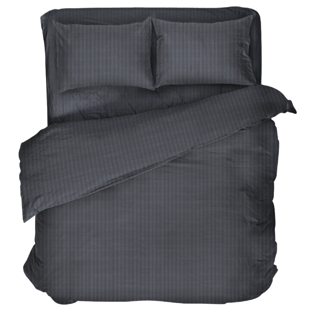Premium satin bettwäsche set "Graphite Stripe Satin“. Bettwäsche aus Satin, 135/140x200 cm, 200x200 cm. Dunkelgraues bettwäscheset mit subtilen vertikalen streifen und satinierter oberfläche.