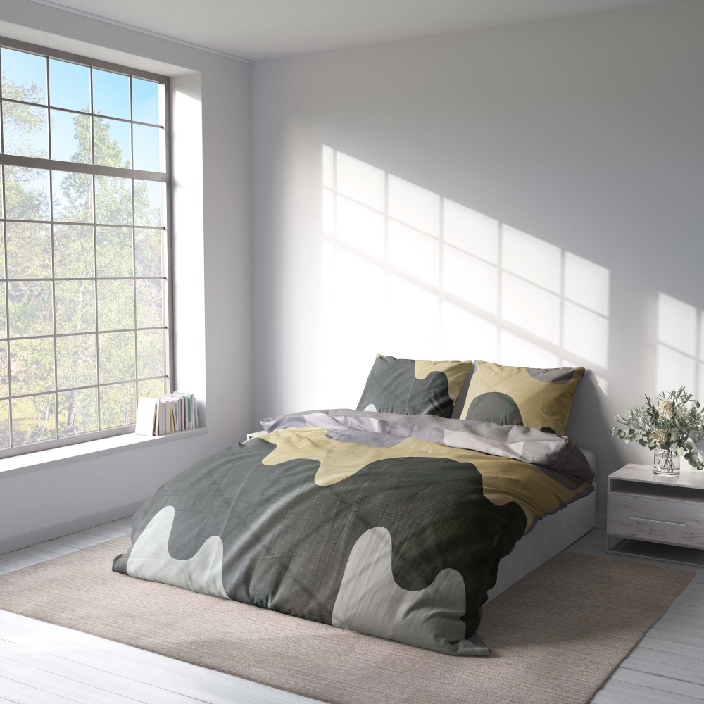 Premium satin bettwäsche set "Artistic". Bettwäsche aus Satin, 135/140x200 cm, 200x200 cm, 200x220 cm. Gedeckte töne verschmelzen in einem bettwäscheset mit beruhigenden wellenmustern.