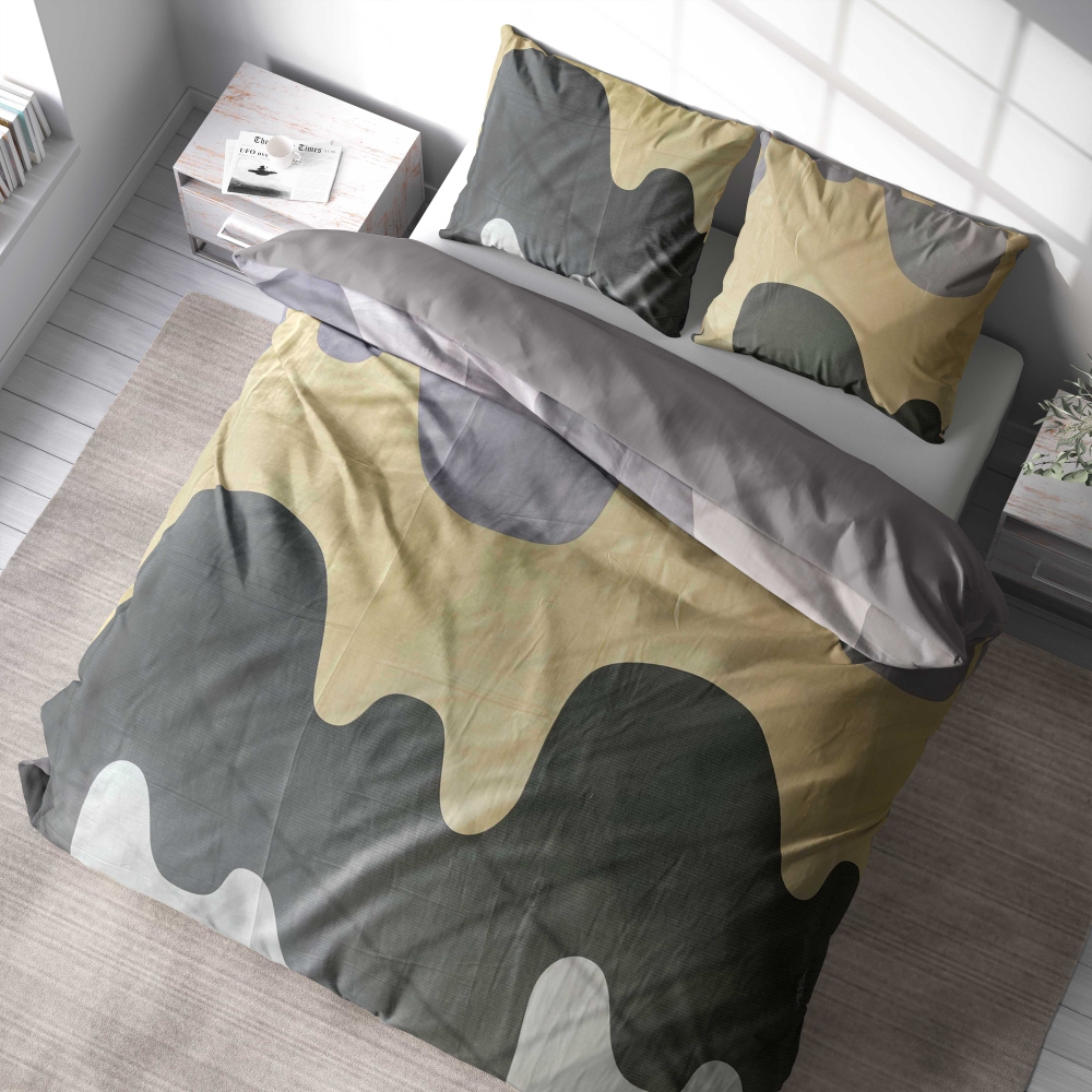 Premium satin bettwäsche set "Artistic". Bettwäsche aus Satin, 135/140x200 cm, 200x200 cm, 200x220 cm. Weiche graue, sandfarbene und dunkelgraue bettwäschegarnitur mit fließenden wellenmotiven.