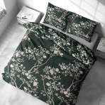 Premium satin bettwäsche set "Blooming Forest". Bettwäsche aus Satin, 135/140x200 cm, 200x200 cm, 200x220 cm. Üppiges dunkelgrünes bettwäscheset mit blühenden zweigen, die eine friedliche, von der natur inspirierte stimmung mit sanften floralen akzenten schaffen.