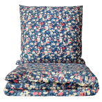 Satin bettwäsche set "Bouquet". Bettwäsche aus Satin, 135/140x200 cm, 200x200 cm, 200x220 cm. Dunkelblaue bettwäsche mit zartem blumenmuster, akzentuiert durch hellblaue, rosa und rote blüten.