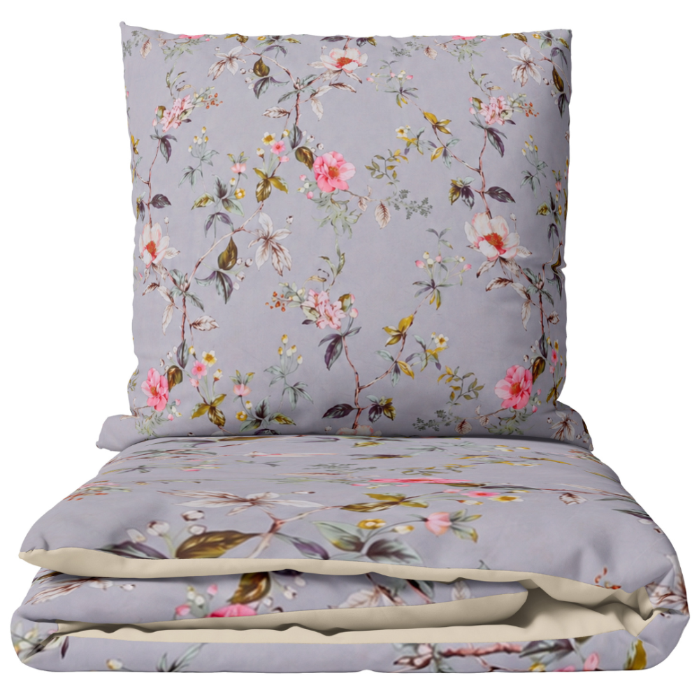 Satin bettwäsche set "Daphne". Bettwäsche 135x200, 135/140x200 cm, 200x200 cm, 200x220 cm. Grau-violette bettwäsche mit sanftem rosa, weißem und grünem blütendesign Satin bettwäsche set "Daphne". Bettwäsche 135x200, 135/140x200 cm, 200x200 cm, 200x220 cm. Grau-violette bettwäsche mit sanftem rosa, weißem und grünem blütendesign
