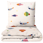 Premium satin bettwäsche set "Fish wish". Bettwäsche 135x200, 100x140 cm, 135/140x200 cm. Bettwäsche-set in creme mit lebhaftem fischdesign