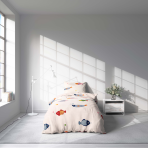 Premium satin bettwäsche set "Fish wish". Bettwäsche 135x200, 100x140 cm, 135/140x200 cm. Kinderbettwäsche mit blauen und roten fischmotiven