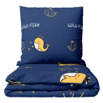 Premium satin bettwäsche set "Gold Fish". Bettwäsche 135x200, 135/140x200 cm. Dunkelblaues bettwäsche-set mit fröhlichen gelben walen und weißen details.