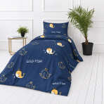 Premium satin bettwäsche set "Gold Fish". Bettwäsche 135x200, 135/140x200 cm. Dunkelblauer grund mit wiederkehrenden gelben walzeichnungen und hellen schriftakzenten.