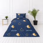 Premium satin bettwäsche set "Gold Fish". Bettwäsche 135x200, 135/140x200 cm. Blaues bettwäsche-set mit gelben walumrissen und dekorativen weißen elementen.