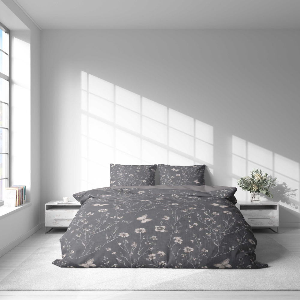 Premium satin bettwäsche set "Florivane". Bettwäsche 155x200, 135/140x200 cm, 150x200 cm, 155/160x200 cm, 180x200 cm, 200x200 cm, 200x220 cm. Graphitfarbene bettwäsche mit pflanzlichem design