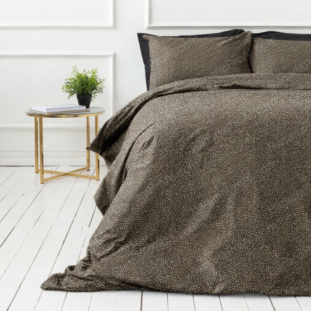 Premium satin bettwäsche set "Frisson". Bettwäsche 155x200, 135/140x200 cm, 150x200 cm, 155/160x200 cm, 180x200 cm, 200x200 cm, 200x220 cm. Zartes dunkelbraunes bettwäsche-set mit dichtem muster kleiner weißer blüten.