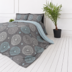 Satin bettwäsche set "Medallions". Graue Bettwäsche, 135/140x200 cm, 200x200 cm, 200x220 cm. Baumwollsatin-bettwäsche mit grauen und hellblauen ornamentdetails Satin bettwäsche set "Medallions". Graue Bettwäsche, 135/140x200 cm, 200x200 cm, 200x220 cm. Baumwollsatin-bettwäsche mit grauen und hellblauen ornamentdetails