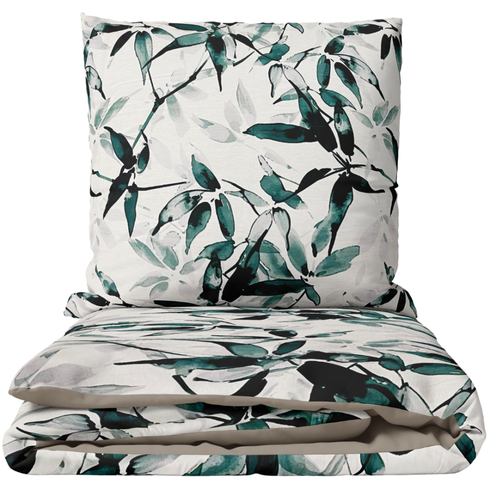 Premium satin bettwäsche set "Nature’s Sketch". Bettwäsche aus Satin, 135/140x200 cm, 200x200 cm, 200x220 cm. Bettwäsche-set mit grünem blattmuster auf weißem hintergrund.