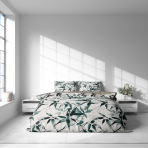 Premium satin bettwäsche set "Nature’s Sketch". Bettwäsche aus Satin, 135/140x200 cm, 200x200 cm, 200x220 cm. Stilvolles bettwäsche-set in grüntönen für das schlafzimmer.