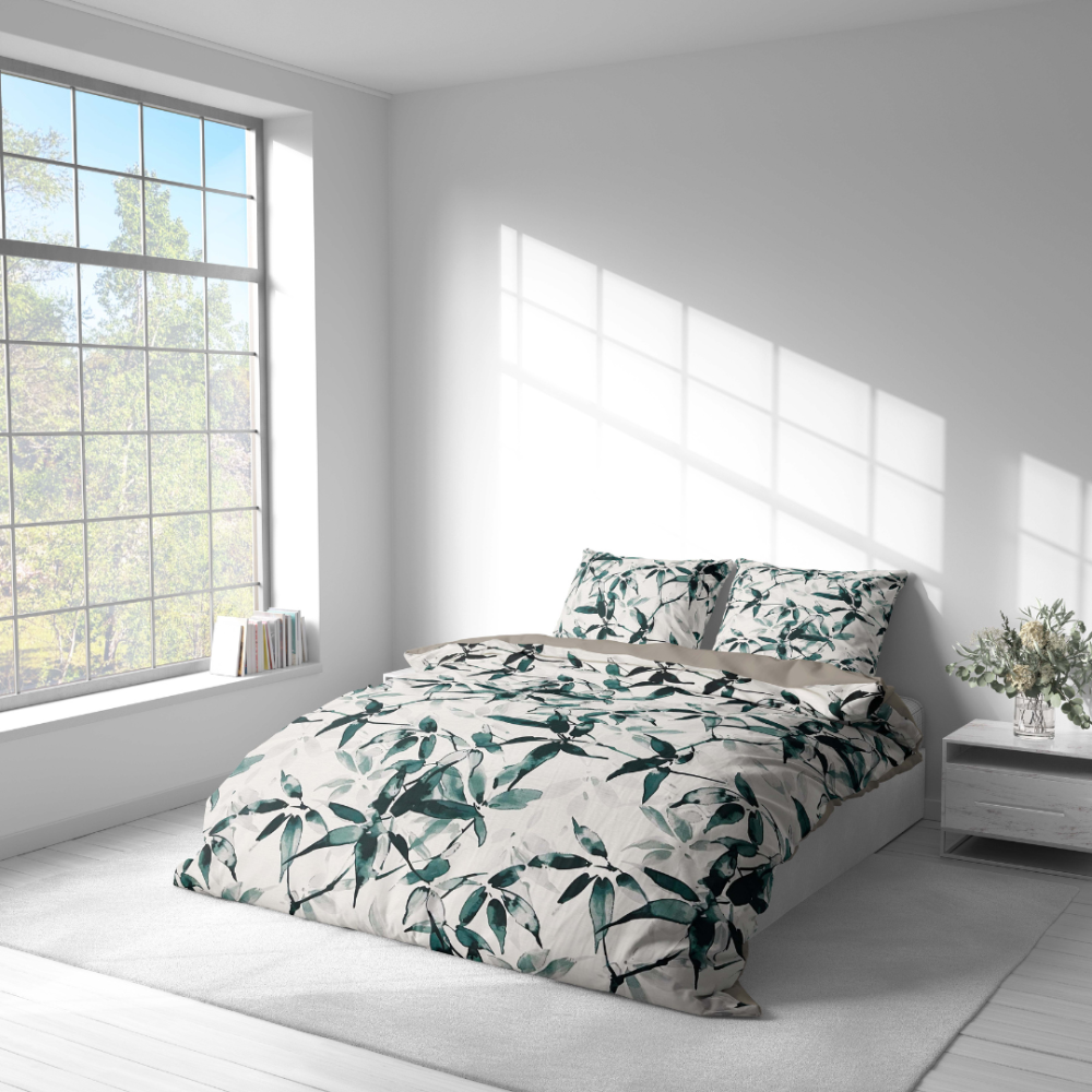 Premium satin bettwäsche set "Nature’s Sketch". Bettwäsche aus Satin, 135/140x200 cm, 200x200 cm, 200x220 cm. Modernes bettwäsche-design mit aquarell-naturmotiv.
