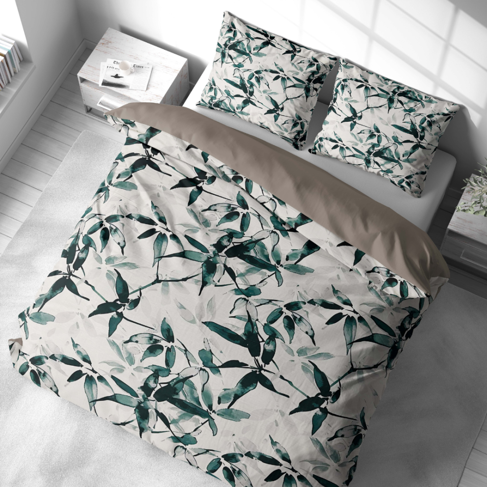 Premium satin bettwäsche set "Nature’s Sketch". Bettwäsche aus Satin, 135/140x200 cm, 200x200 cm, 200x220 cm. Helle und frische bettwäsche, passend für verschiedene einrichtungsstile.