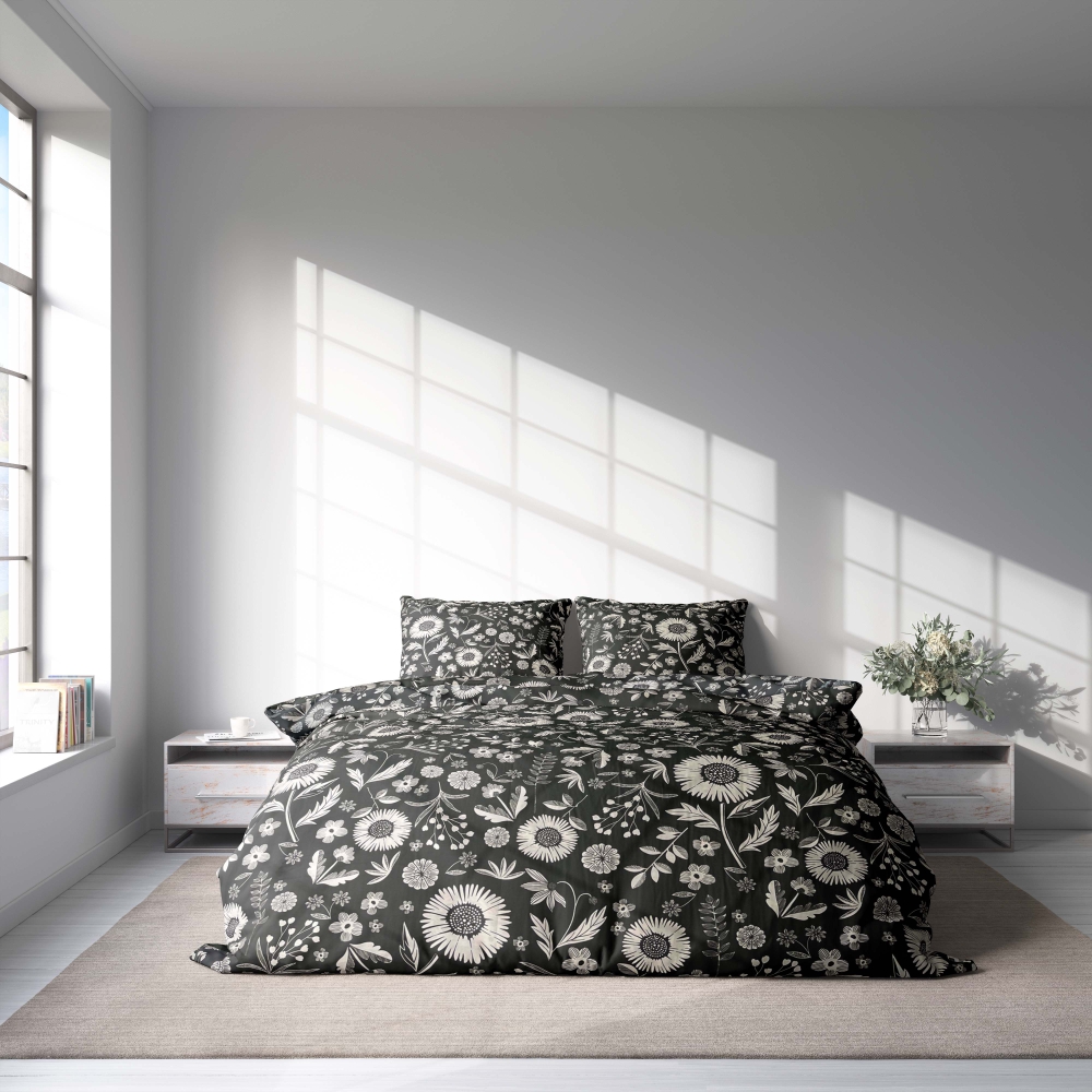 Premium satin bettwäsche set "Night Flowers". Bettwäsche aus Satin, 135/140x200 cm, 200x200 cm, 200x220 cm. Elegantes schwarzes bettwäscheset mit charmantem weißem blumenmuster im landhausstil.