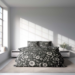 Premium satin bettwäsche set "Night Flowers". Bettwäsche aus Satin, 135/140x200 cm, 200x200 cm, 200x220 cm. Elegantes schwarzes bettwäscheset mit charmantem weißem blumenmuster im landhausstil.