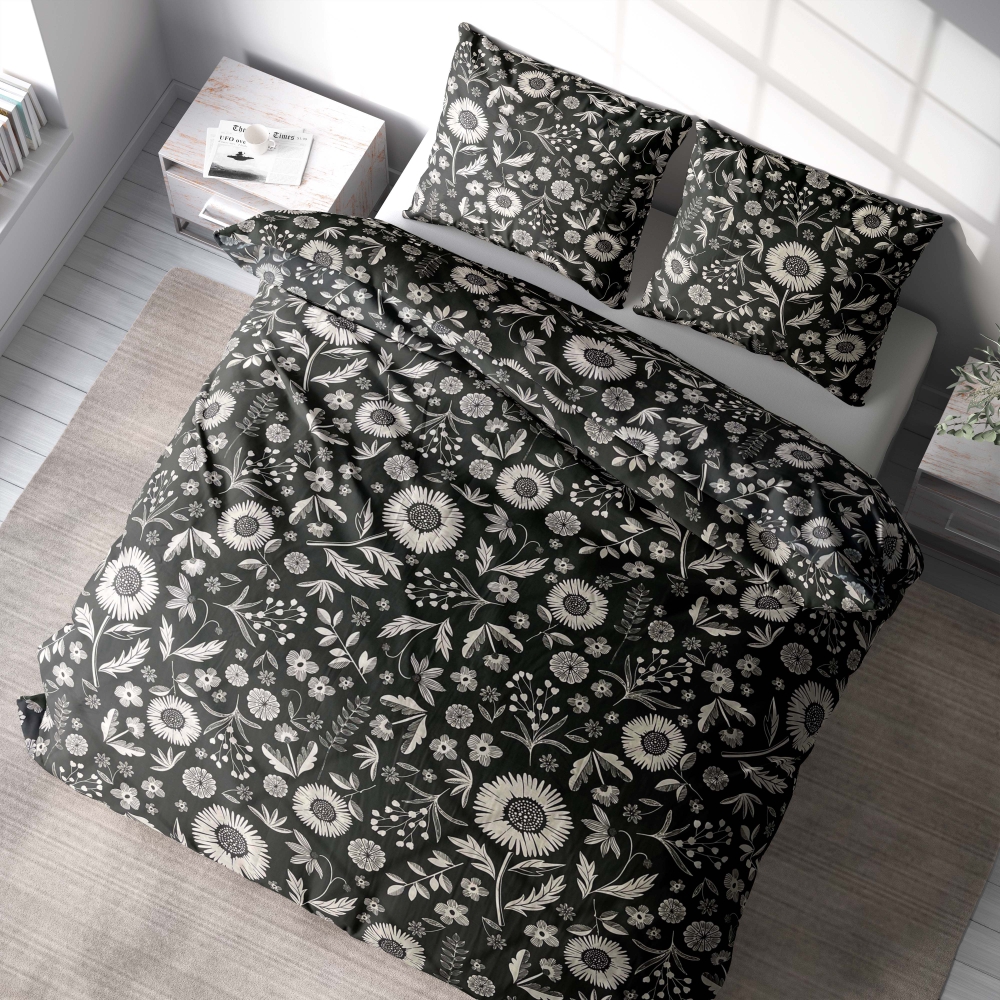 Premium satin bettwäsche set "Night Flowers". Bettwäsche aus Satin, 135/140x200 cm, 200x200 cm, 200x220 cm. Raffiniertes schwarzes bettwäscheset mit weißen landhausblumen.