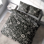 Premium satin bettwäsche set "Night Flowers". Bettwäsche aus Satin, 135/140x200 cm, 200x200 cm, 200x220 cm. Raffiniertes schwarzes bettwäscheset mit weißen landhausblumen.