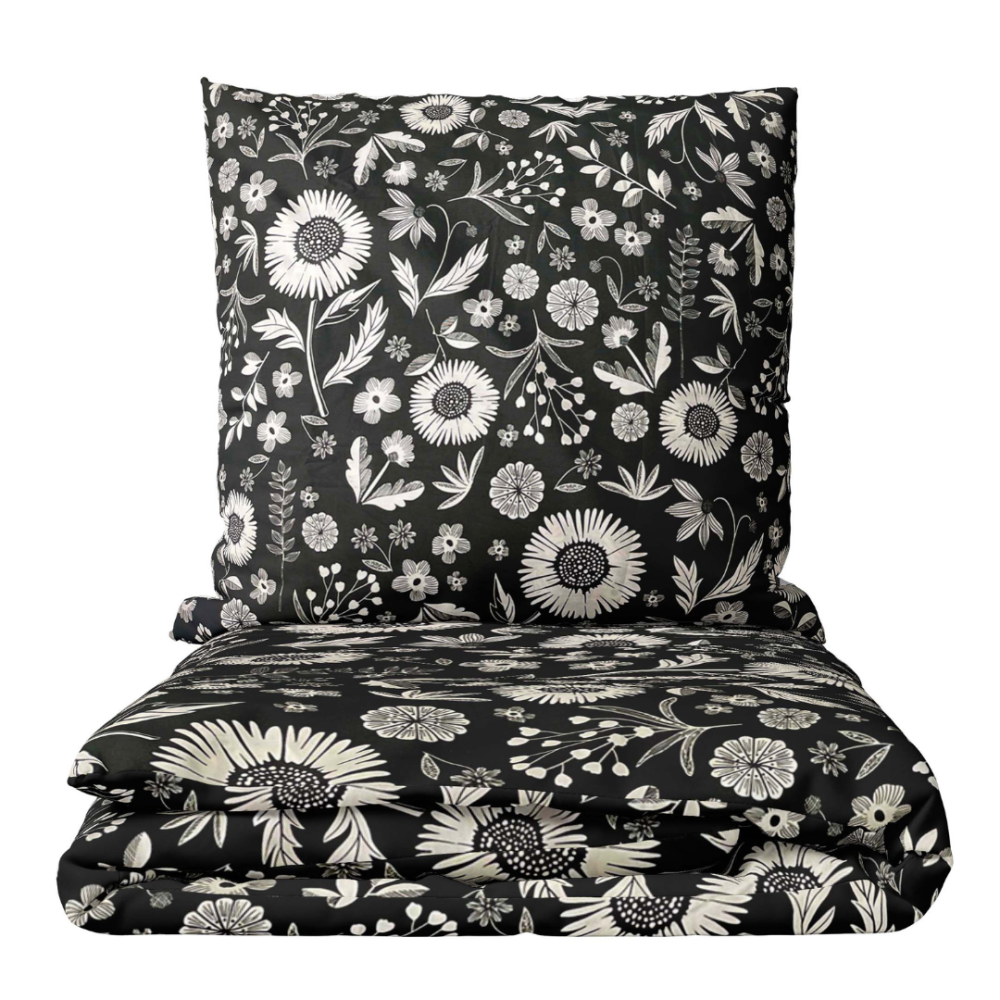 Premium satin bettwäsche set "Night Flowers". Bettwäsche aus Satin, 135/140x200 cm, 200x200 cm, 200x220 cm. Elegantes schwarzes bettwäscheset mit zarten weißen landhausblumen.