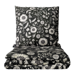 Premium satin bettwäsche set "Night Flowers". Bettwäsche aus Satin, 135/140x200 cm, 200x200 cm, 200x220 cm. Elegantes schwarzes bettwäscheset mit zarten weißen landhausblumen.