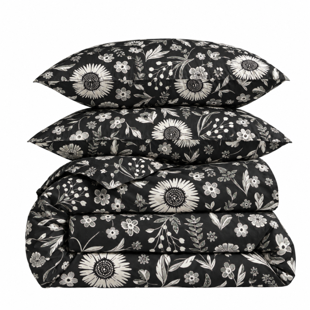 Premium satin bettwäsche set "Night Flowers". Bettwäsche 155x200, 135/140x200 cm, 200x200 cm, 200x220 cm. Elegantes schwarzes bettwäscheset mit zarten weißen landhausblumen. Premium satin bettwäsche set "Night Flowers". Bettwäsche 155x200, 135/140x200 cm, 200x200 cm, 200x220 cm. Elegantes schwarzes bettwäscheset mit zarten weißen landhausblumen.