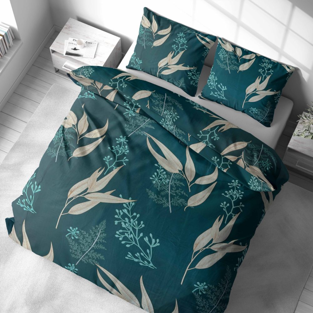 Premium satin bettwäsche set "Premium Verdure". Bettwäsche aus Satin, 135/140x200 cm, 200x200 cm, 200x220 cm. Dunkelgrünes bettwäscheset mit detaillierten blumenmustern, die eine ruhige und elegante atmosphäre in ihrem schlafzimmer schaffen.