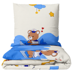 Premium satin bettwäsche set "Sailor“. Bettwäsche 135x200, 135/140x200 cm. Cremefarbenes bettwäsche-set mit blauen wellen und gelben himmelsmotiven.