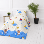 Premium satin bettwäsche set "Sailor“. Bettwäsche 135x200, 135/140x200 cm. Cremefarbene gestaltung mit blauem meer, kleinen bären und walen.