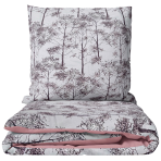 Premium satin bettwäsche set "Silent Grove". Bettwäsche aus Satin, 135/140x200 cm, 200x200 cm, 200x220 cm. Bettwäsche-set mit dunkelbraunen baumsilhouetten auf hellem hintergrund.