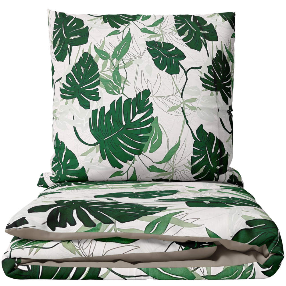 Premium satin bettwäsche set "Urban Jungle". Bettwäsche aus Satin, 135/140x200 cm, 200x200 cm, 200x220 cm. Bettwäsche-set mit auffälligem monstera-blattmuster in grün.
