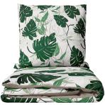 Premium satin bettwäsche set "Urban Jungle". Bettwäsche aus Satin, 135/140x200 cm, 200x200 cm, 200x220 cm. Bettwäsche-set mit auffälligem monstera-blattmuster in grün.