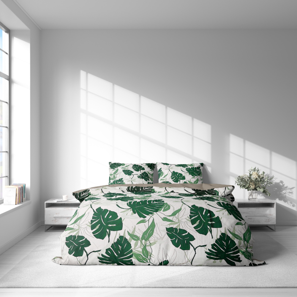 Premium satin bettwäsche set "Urban Jungle". Bettwäsche aus Satin, 135/140x200 cm, 200x200 cm, 200x220 cm. Bettwäsche mit grünen blättern für modernes interieur.