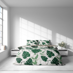 Premium satin bettwäsche set "Urban Jungle". Bettwäsche aus Satin, 135/140x200 cm, 200x200 cm, 200x220 cm. Bettwäsche mit grünen blättern für modernes interieur.