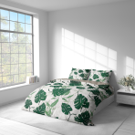 Premium satin bettwäsche set "Urban Jungle". Bettwäsche aus Satin, 135/140x200 cm, 200x200 cm, 200x220 cm. Tropischer bettwäsche-stil auf weißem hintergrund.