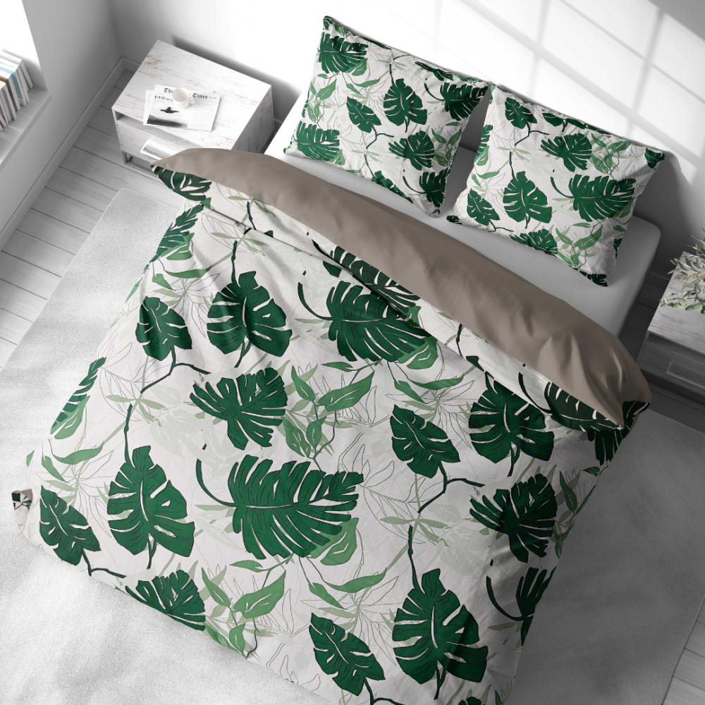 Premium satin bettwäsche set "Urban Jungle". Bettwäsche aus Satin, 135/140x200 cm, 200x200 cm, 200x220 cm. Frisches und stilvolles design mit pflanzenmotiven.