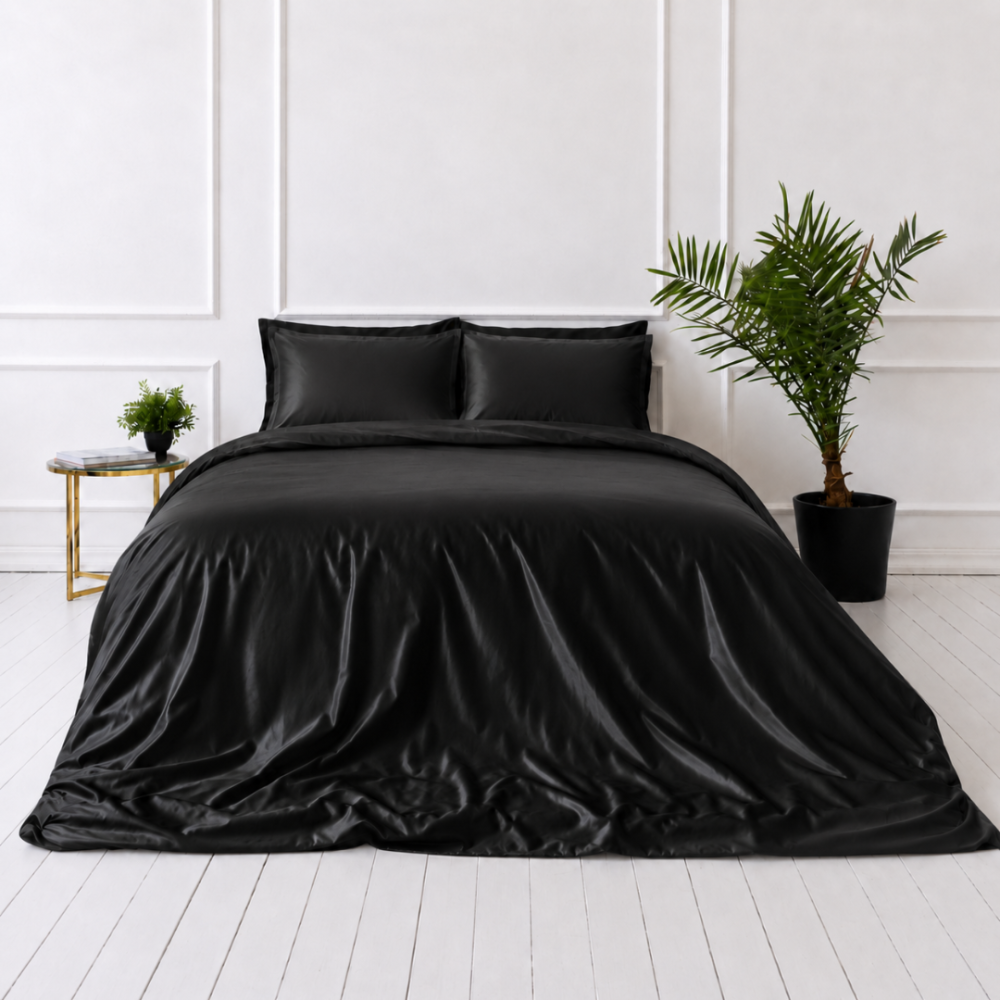 Seidenbettwäsche set "Onyx Silk". Bettwäsche sets, 200x220 cm. Schlichtes schwarzes satinbettzeug, das puren luxus und sanfte seidenhaptik verströmt. Seidenbettwäsche set "Onyx Silk". Bettwäsche sets, 200x220 cm. Schlichtes schwarzes satinbettzeug, das puren luxus und sanfte seidenhaptik verströmt.