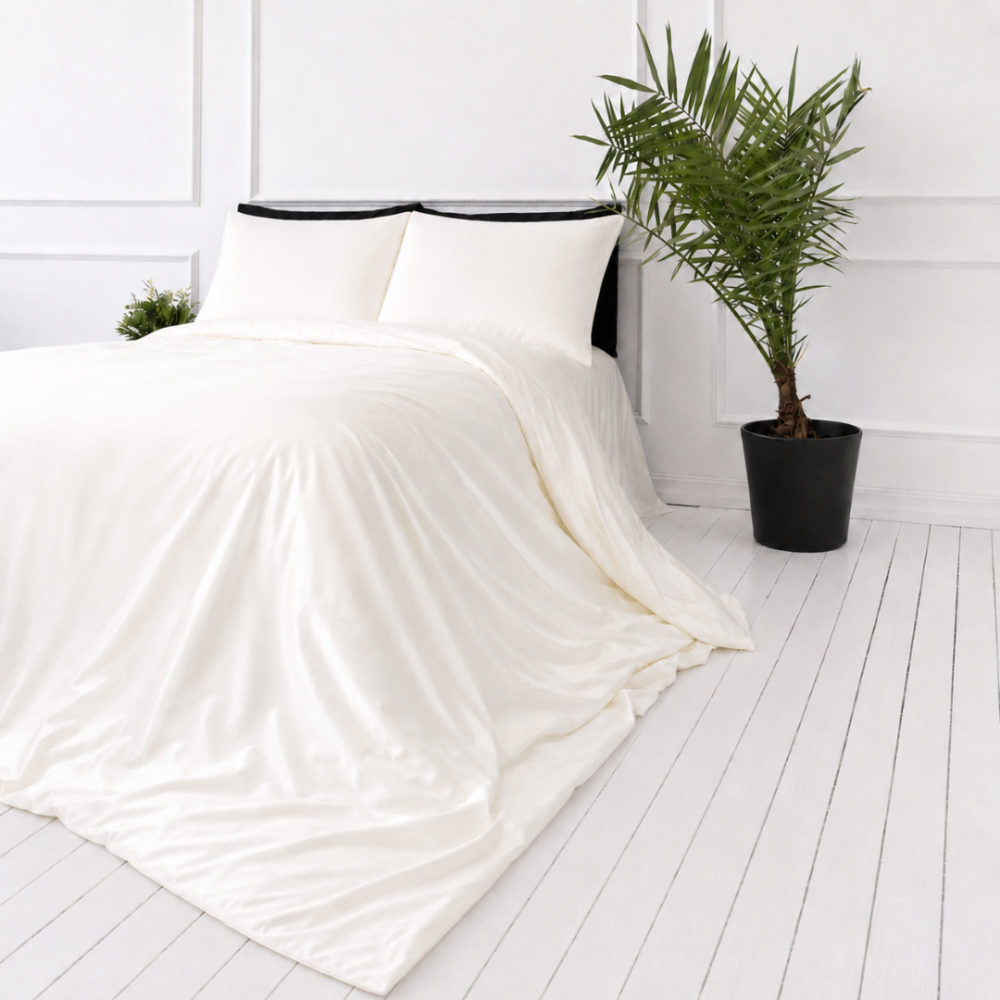 Seidenbettwäsche set "Pearl White Silk". Bettwäsche einfarbig, 200x220 cm. Elegantes cremefarbenes bettwäsche-set mit wunderschönem seidenglanz. Seidenbettwäsche set "Pearl White Silk". Bettwäsche einfarbig, 200x220 cm. Elegantes cremefarbenes bettwäsche-set mit wunderschönem seidenglanz.