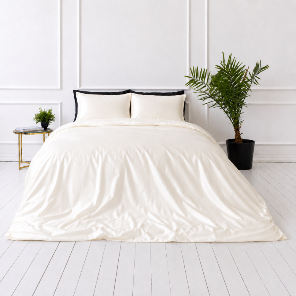 Seidenbettwäsche set "Pearl White Silk". Bettwäsche einfarbig, 200x220 cm. Warmes creme-farbenes luxuriöses bettwäsche-set. Seidenbettwäsche set "Pearl White Silk". Bettwäsche einfarbig, 200x220 cm. Warmes creme-farbenes luxuriöses bettwäsche-set.