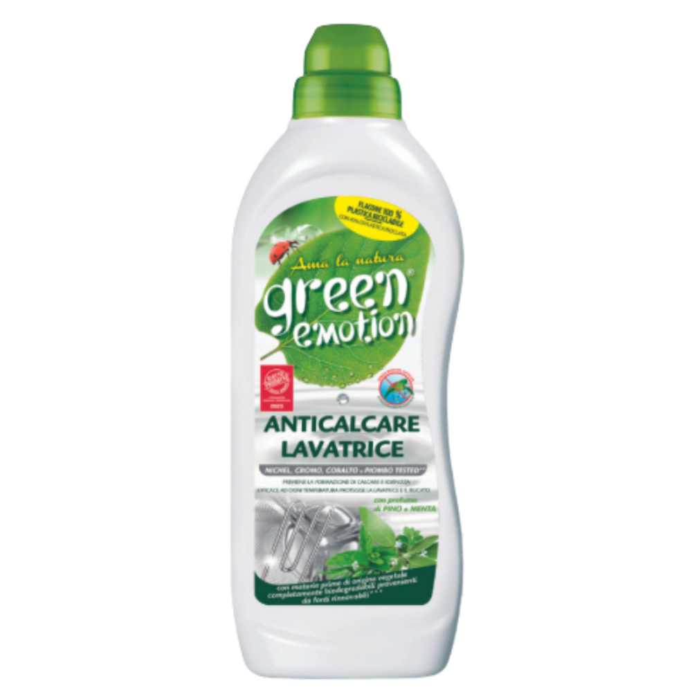 Waschmaschinenreiniger "Green emotion Mint Washing machine cleaner". Reinigungsmittel. Green emotion waschmaschinenreiniger auf der waschmaschine mit grüner flasche – ökologischer waschmaschinenreiniger