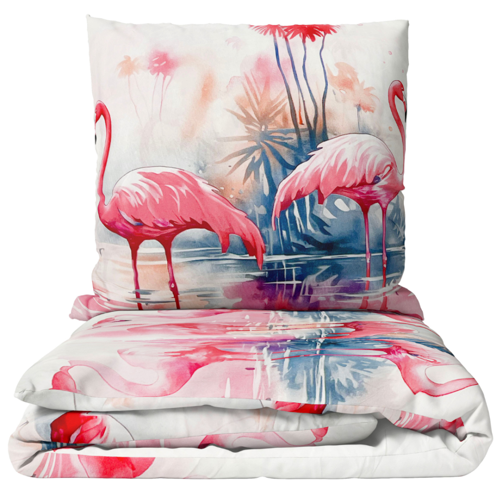 Kinderbettwäsche set "Flamingo Paradise". Kinderbettwäsche, 135/140x200 cm. Kinderbettwäsche mit rosa flamingos auf weißem hintergrund, die eine ruhige und verspielte atmosphäre schafft.